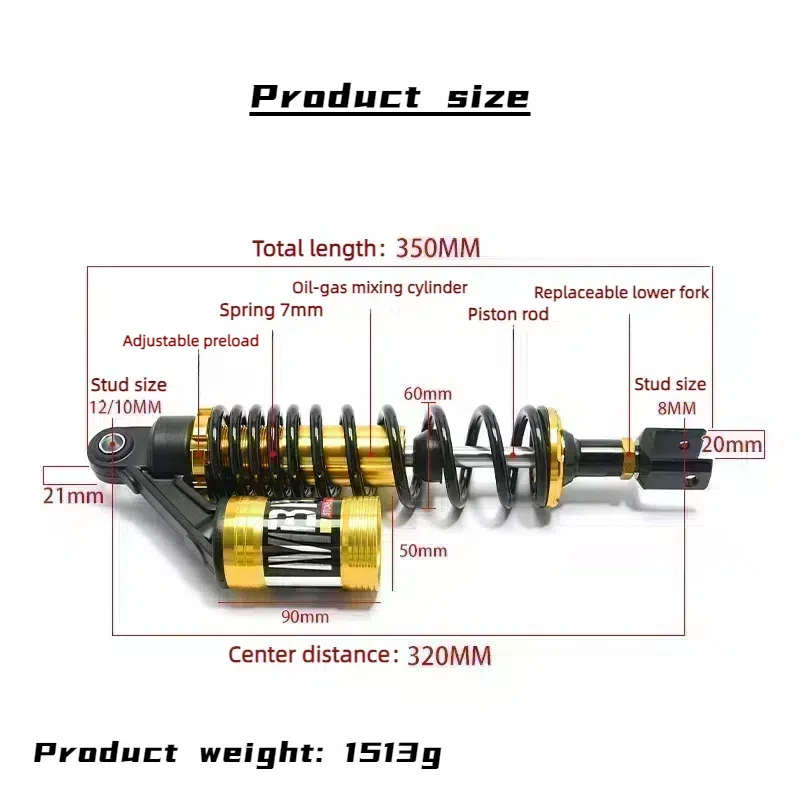 Ammortizzatore universale per moto da 320 mm, sospensione ammortizzatore posteriore con cilindro di miscelazione olio/gas modificato