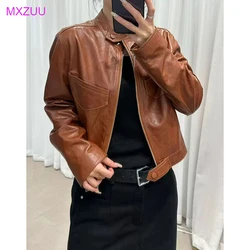 Genuine Leather Clothing Women Spring Autumn Classic Denim Style Vintage Rub Color Sheepskin Make Old Short Tight Jacket Coat