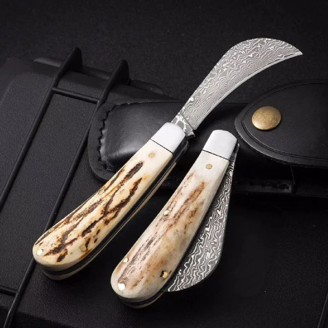 Antler Handle Small Pocket Folding Knife Damascus Blade Tactical Hunting Camping EDC Survival Tool Knives