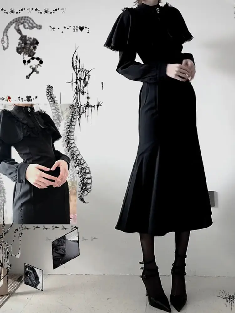 Halloween Vampire sous-culture Style gothique foncé à manches longues robe cape femmes automne Y2k mode moulante sirène longue robe 2025