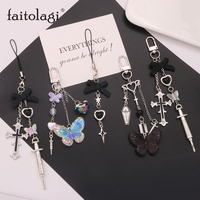 Kpop Gothic Star Cross Keychain for phone Y2K Goth Black Bow Heart Butterfly Lanyard Key Chain on the Phone Bag Pendant Egirl