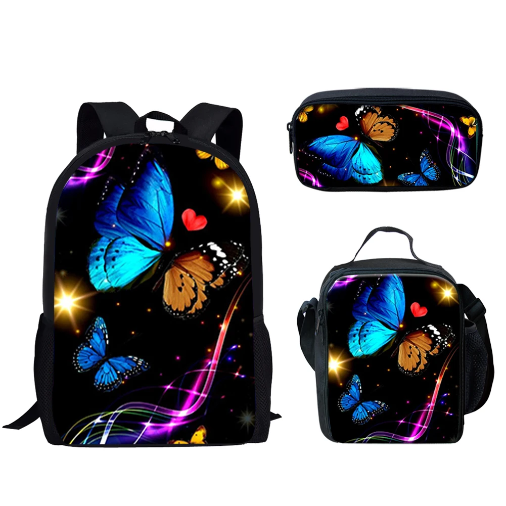 3Pcs Schoolbag for Teen Boys Girls Butterfly Floral Print Backpack for Prmary Students Back to School Large Capacity Backpack S