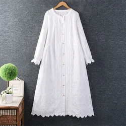 Women's Japanese Sweet Mori Girl Flower Embroidery Hollow Out Midi Dress, O-neck, Long Sleeve, Casual Loose Dresses, Spring