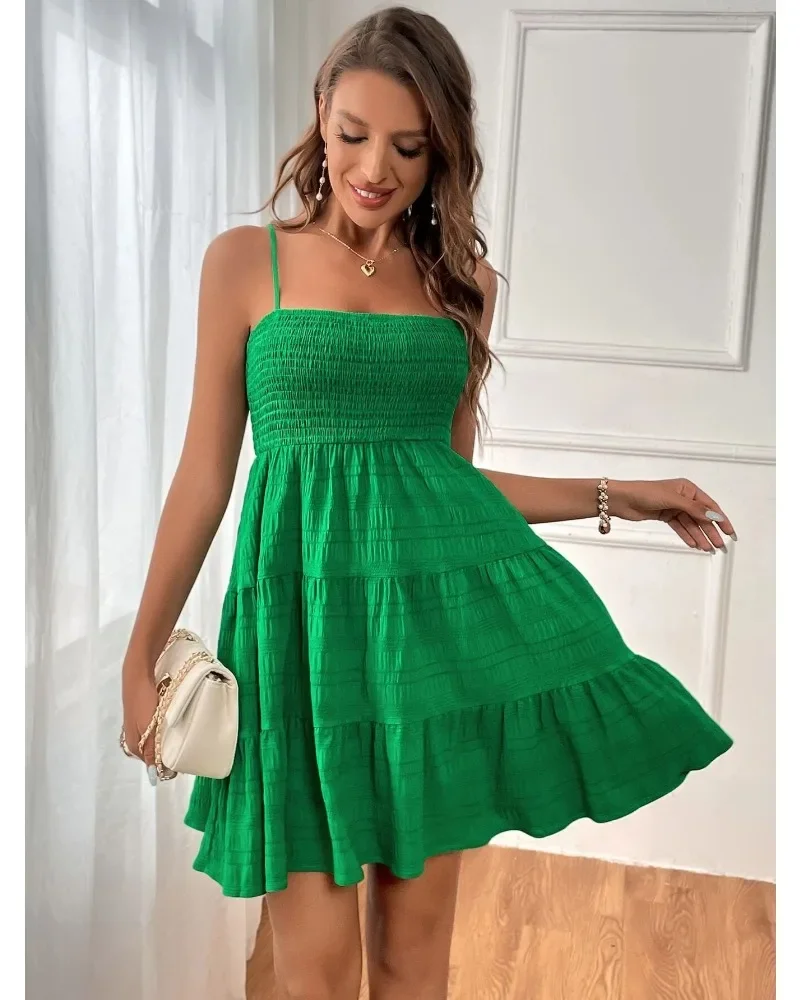 Abiti estivi da donna senza maniche senza schienale Casual Boho smocked Ruffle Sun Beach Babydoll Mini abito a strati Abiti altalena fluidi