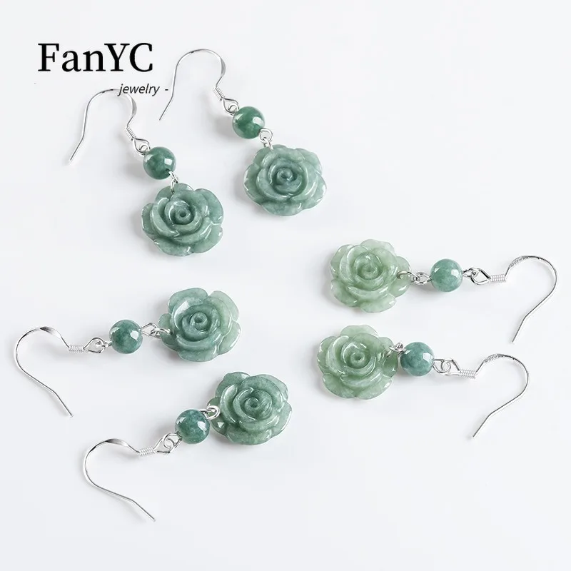 Boucles d'oreilles en argent S925 avec crochet d'oreille pour femme, haricot de jadéite, rose verte, marchandises naturelles authentiques, cadeau de mariage pour les travailleurs, mode de luxe