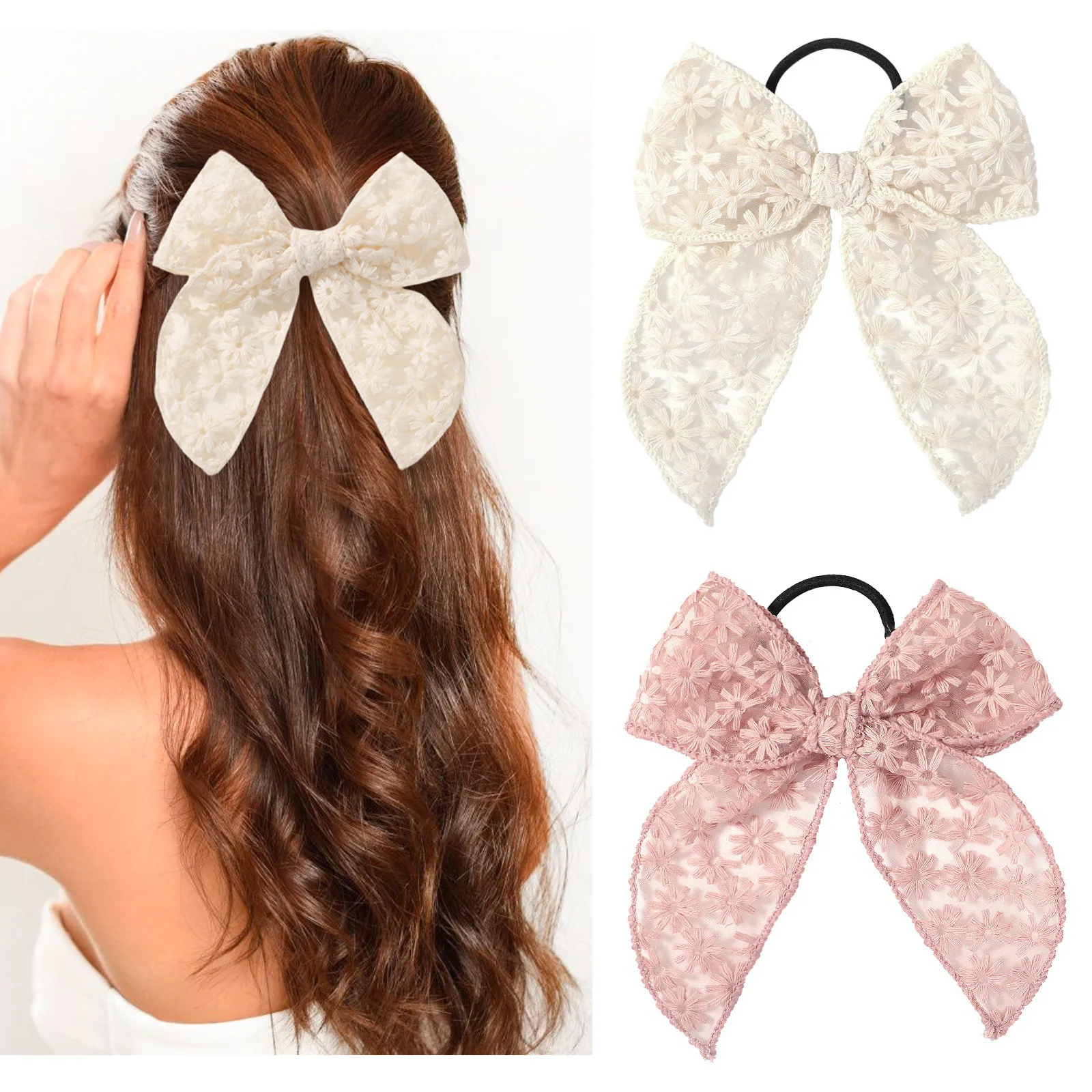 

Elegant Lace Bow Hair Tie for Girls - Transparent Ribbon, Fashionable Accessory for All Seasons