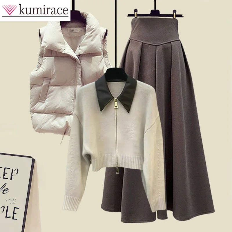 

Autumn and Winter Set Women's New Korean Edition Thickened Vest Polo Sweater Half Skirt Three Piece Set Winter Clothes Women