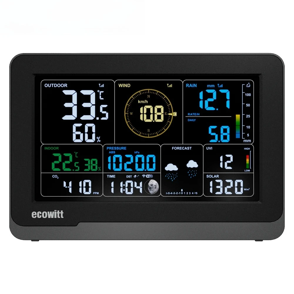 Ecowitt WS3910 Wi-Fi Weather Station Receiver, 7.5'' LCD Color Display Console, Built-in CO2, Support IoT Devices WFC01 & AC1100