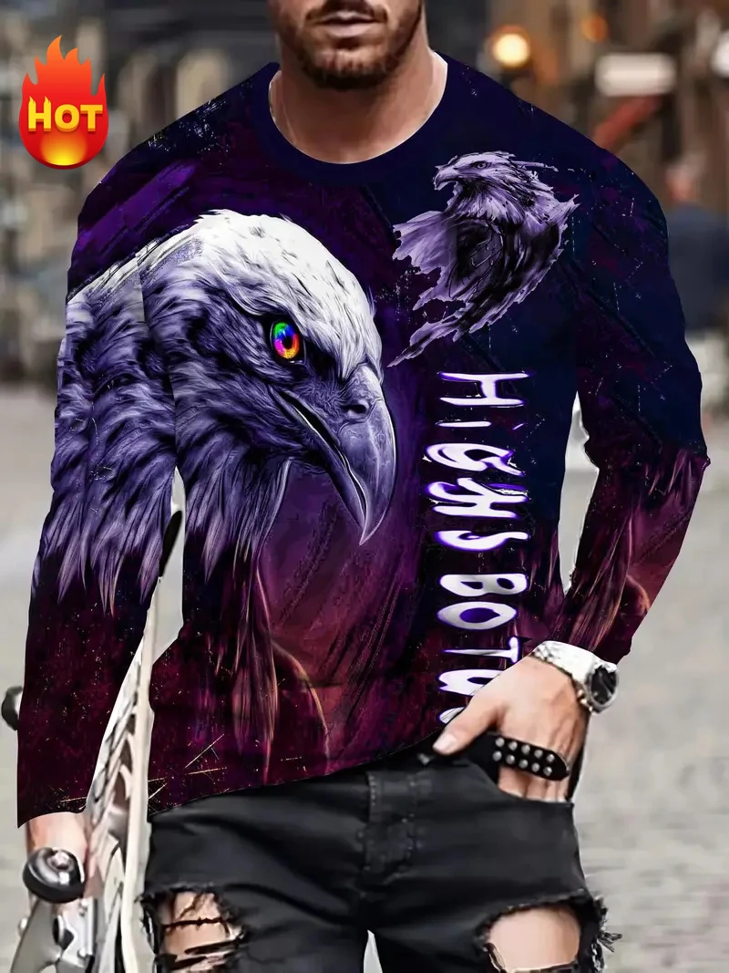 New Eagle Graphic 3D Print Men T-shirts Casual Trendy Hip Pop Long Sleeve T Shirt Animal Pattern Men Designer Clothes Men Tops