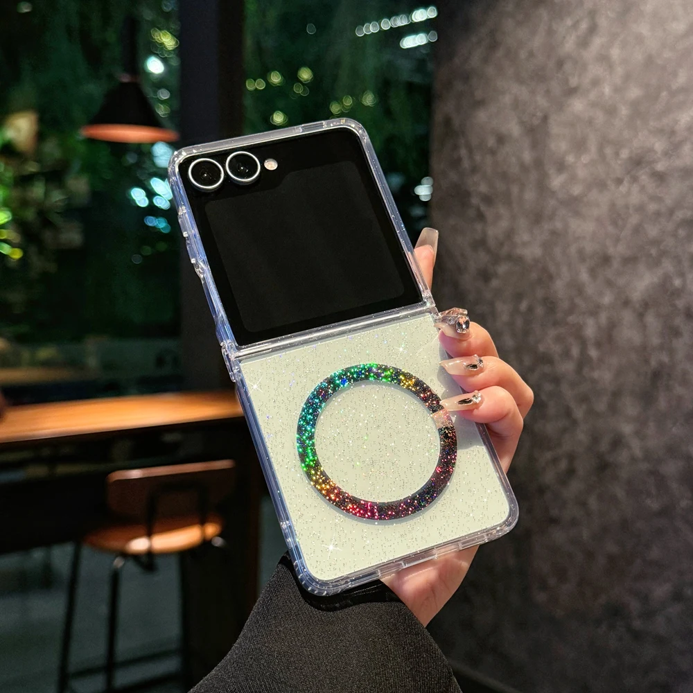 Glitter Stars Magnetic Charging Circle Phone Case For Samsung Galaxy Z Flip 7 6 5 4 3 7 FE 2 in 1 Combo Transparent PC Cover