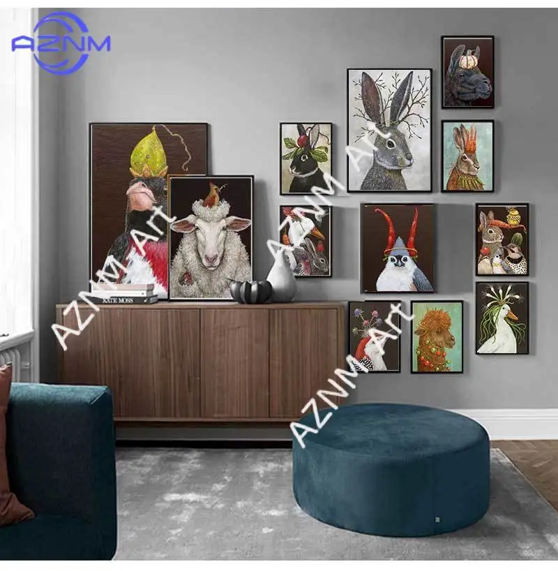 Rabbit Bird Duck and Sheep Canvas Painting Wall Art Pictures Animal Poster Print Drawing For Living Room Home Decoration
