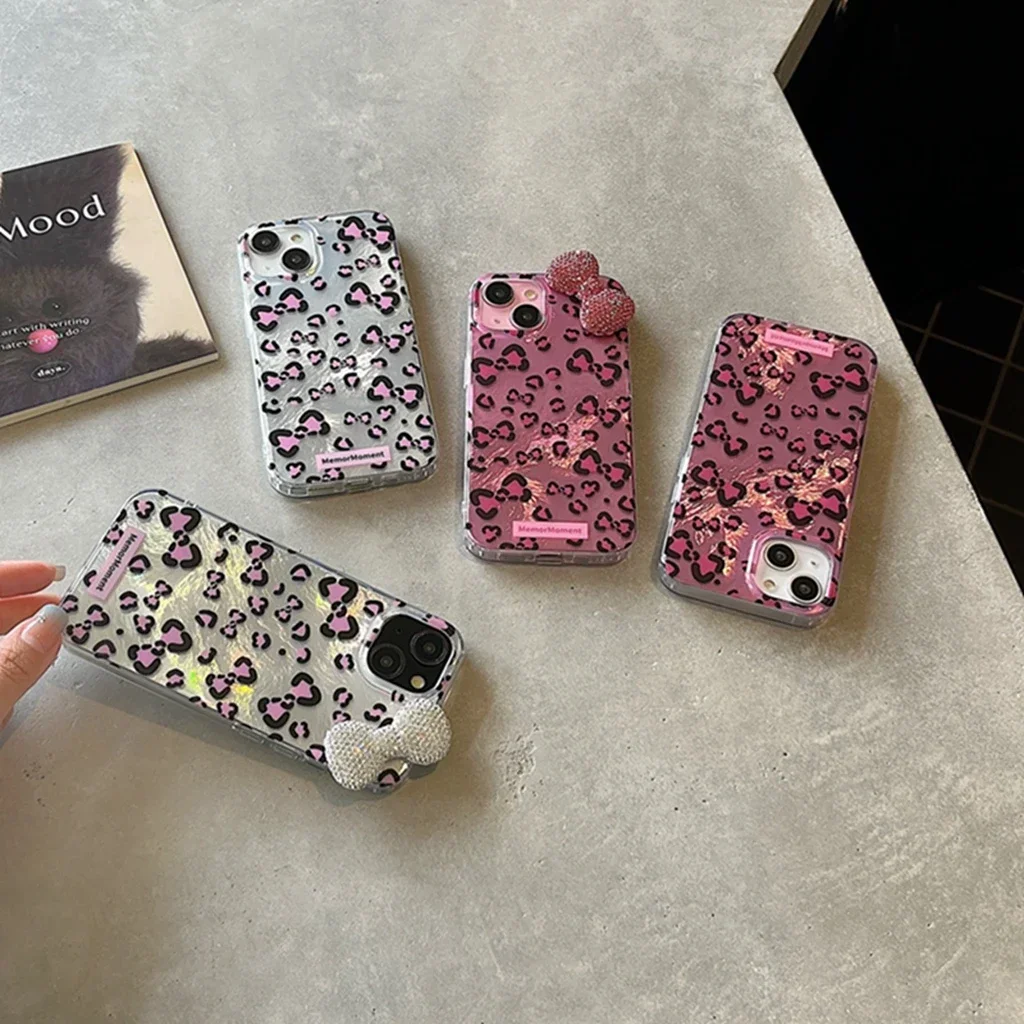 Stylish Illusion Color Leopard Print Iceberg Pattern Stereoscopic Bowknot Phone Cover Case For iPhone 16 15 14 13 12 11 Pro Max