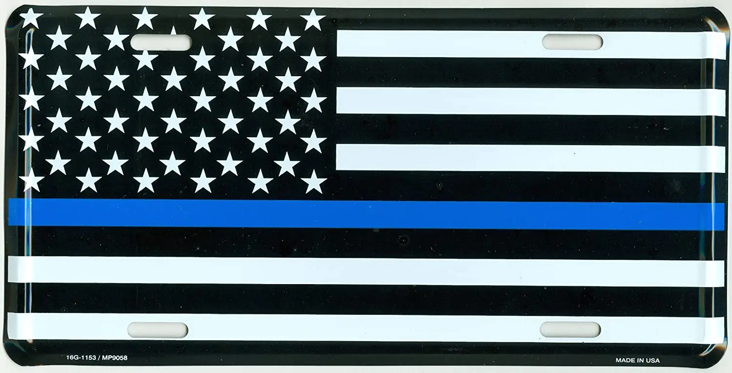 

Thin Blue Line USA Metal License Plate 6x12 inch Black, White, and Blue American Flag Auto Tag for Cars and Trucks