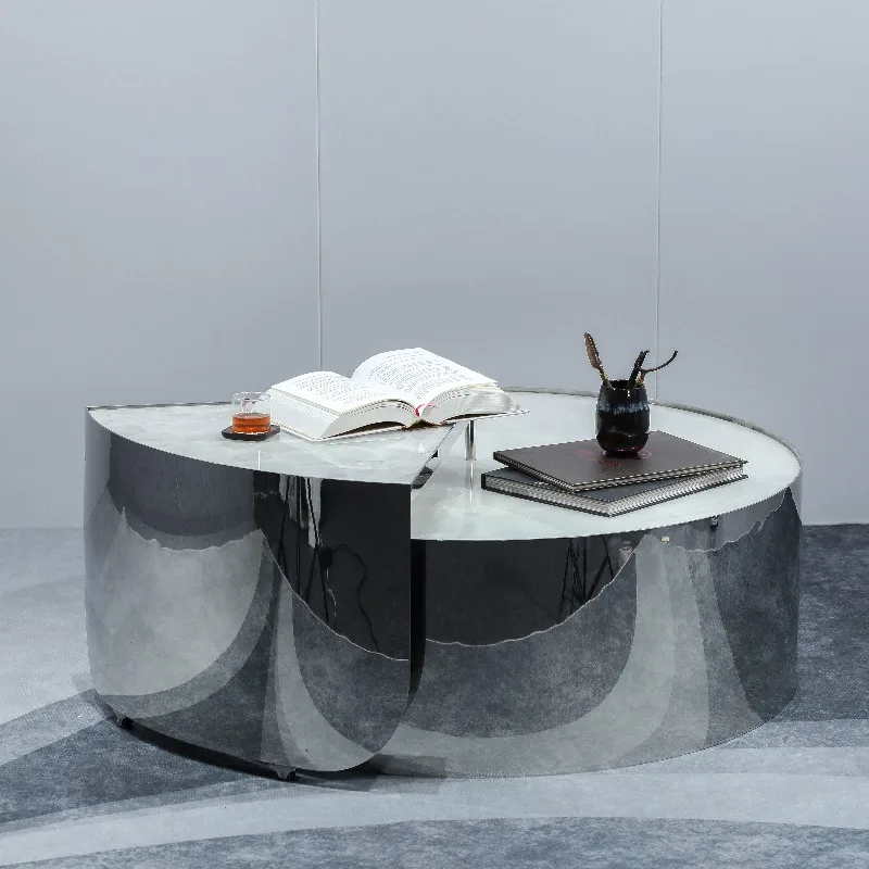 #Modern Metal Mirror Marble Coffee Table With Tempered Glass One Meter Diameter Rotating White Top Living