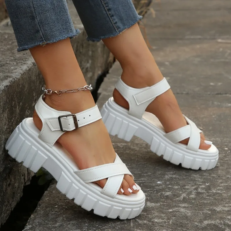 Women\'s Sandal High Quality New Summer Outdoors Thick Heel Buckle Solid Color Non-slip Casual Comfortable Sandals for Woman