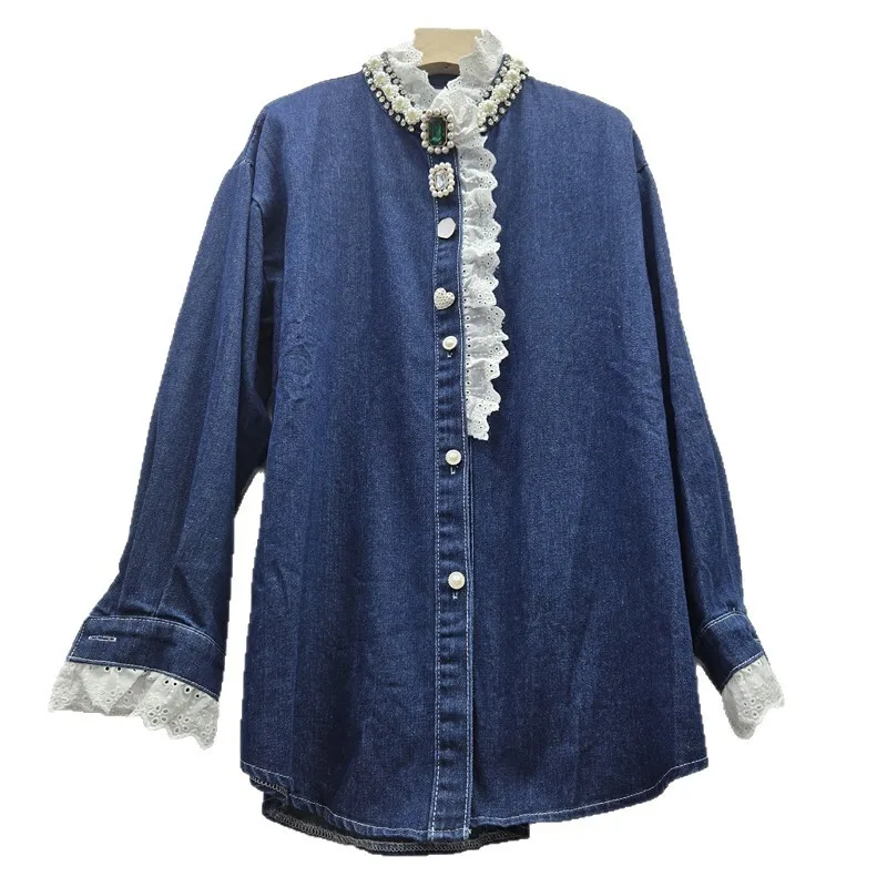 WTHT Mode Dames Gesplitst Kant Diamant Ontwerp Losse Shirts Trendy Lange Mouwen Opstaande Kraag Tops Vrouwelijke 2025 Zomer 1LS2132