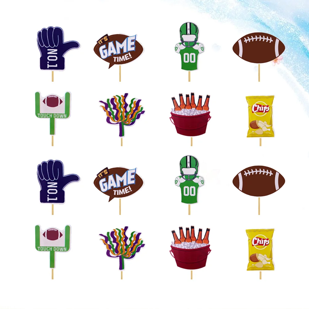 16pcs Creative Football Design Birthday Party Cake Toppers Sports Theme Cupcake Insert Paper Cake Decorating Fruit Picks Party