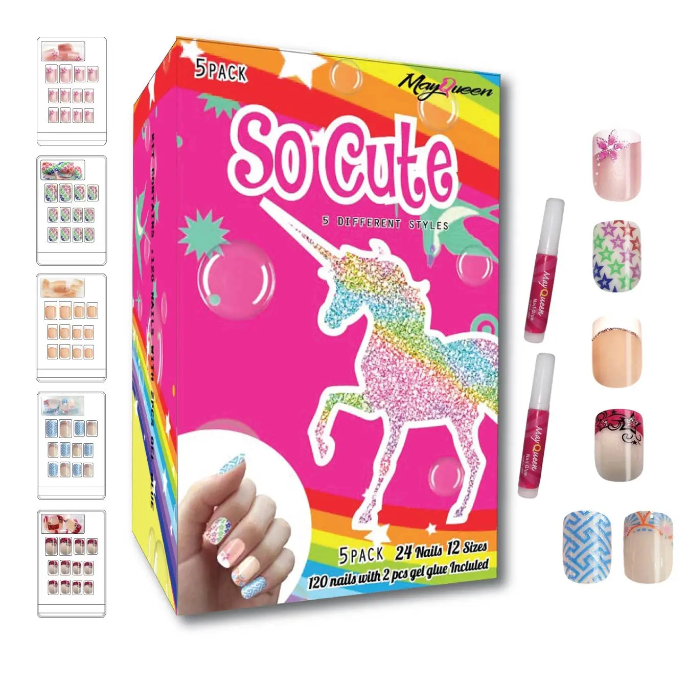 

Набор из 120 детских накладных ногтей с 5 дизайнами и клеем, легко наносятся и снимаются, для девочек