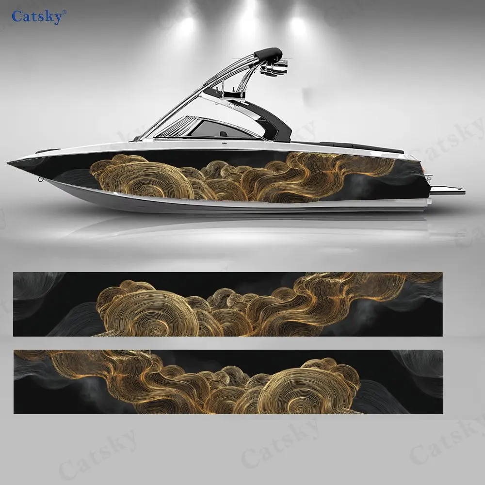 Gilded Auspicious Cloud Swirl Wave Boat Stickers, PVC Waterproof Vinyl Wrap Decals for Fishing Boats, Durable and Stylish Design