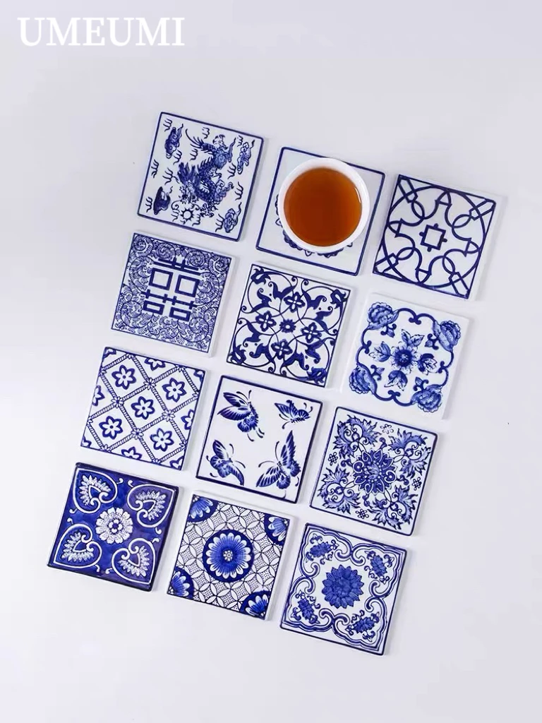 UMEUMI Ceramic Coasters Oriental Decorative Celadon Wall Decoration Blue and White Porcelain Square Tea Cup Coffee Coasters