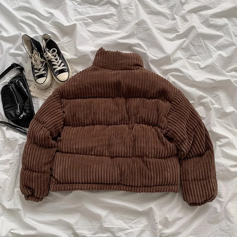 REDDACHiC Striped Corduroy Turtleneck Puffer for Women Cotton-Padded Quilted Coat Casual Plain Crop Bomber Jacket Winter Parkas