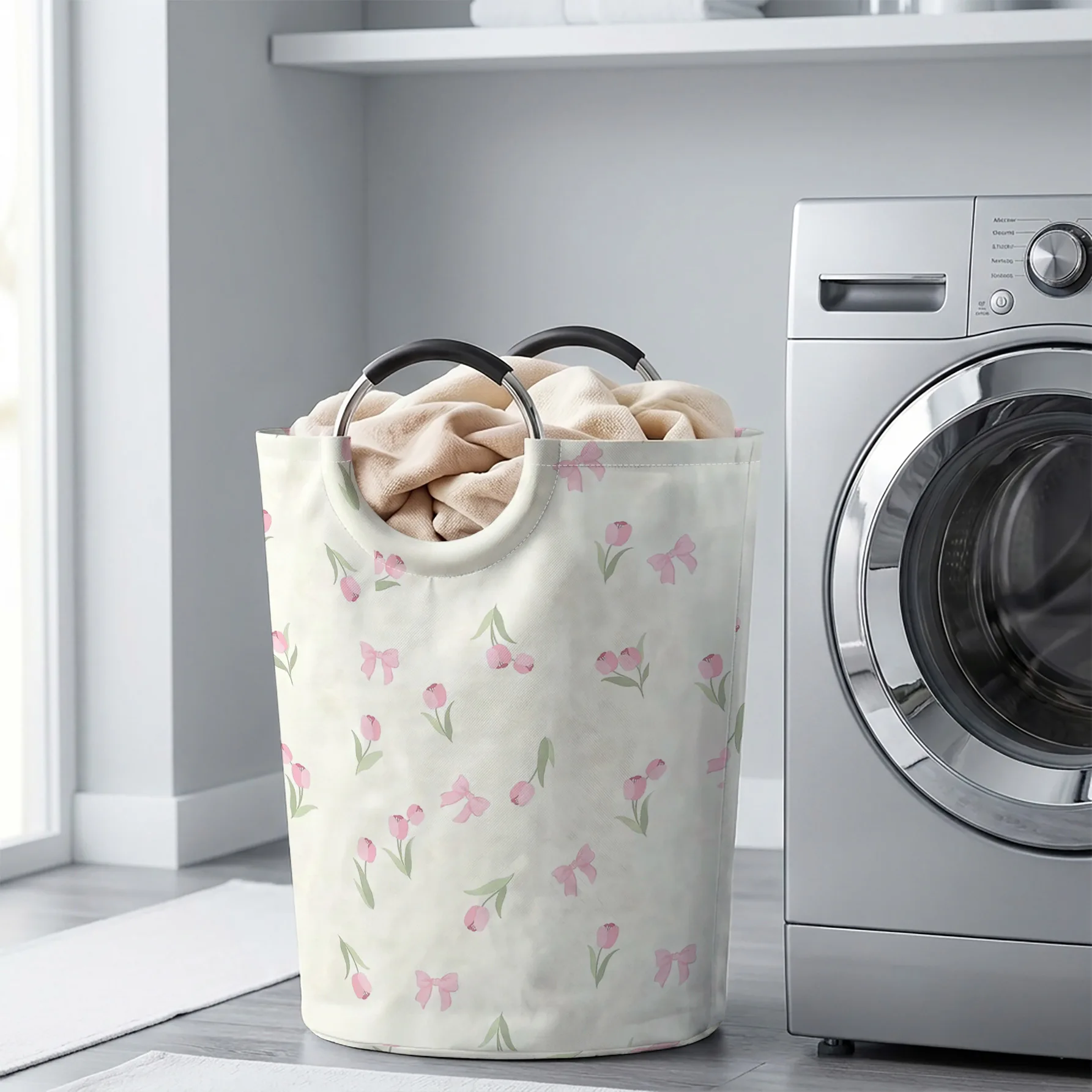 Pink Tulips and Bows All Over Print Handheld Storage Basket, For Laundry, Bedroom & Home Sundries Storage