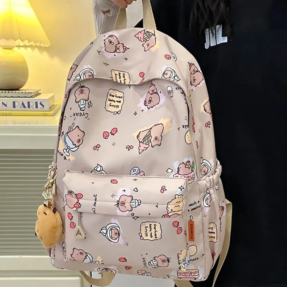 Thickened Capybara Backpack Nylon Wide Straps Cartoon Animal Daypack Full Color Multi Functional Capybara Doll Keychain Kids