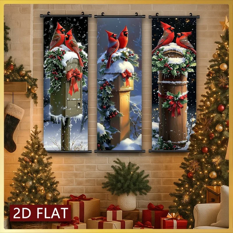 VIKAMA Christmas 3-Piece Door Banner Set, Bell Lantern Snow Globe Vintage Wall Scroll for Xmas Fireplace Decor