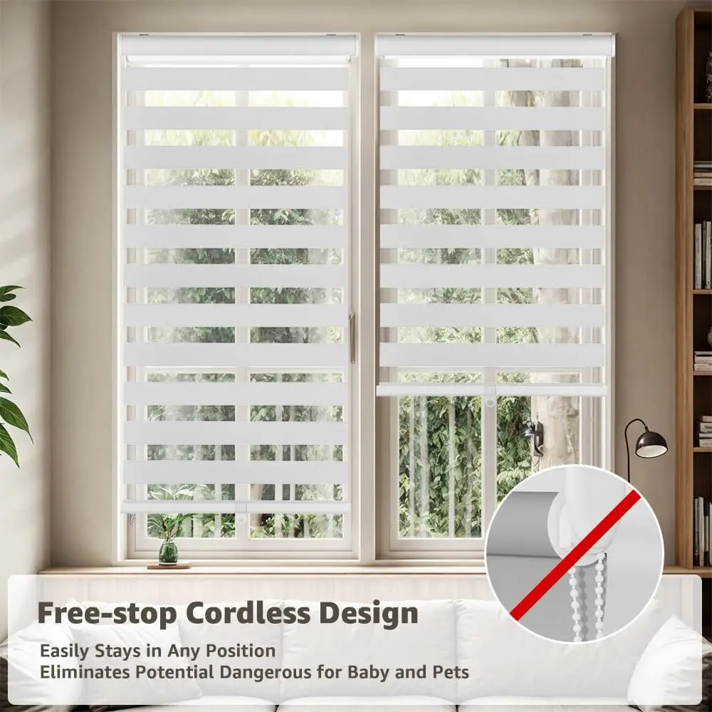 Rolety zebra bezszwowe, białe, zaciemniające do 95%, 48x64, z funkcją Free-Stop, z lamówką, do okien i drzwi francuskich, łatwy montaż.