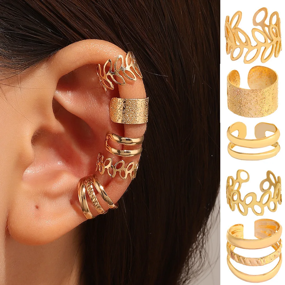 Hollow Leaf Ear Cuffs For Non Pierced Ears Retro Geometric Alloy 5 Pieces Set Simple Fashion For Women