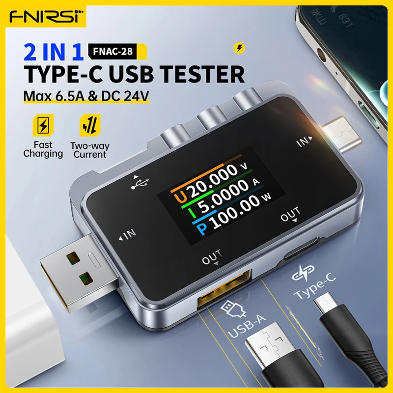 FNIRSI FNAC-28 Type-C USB Tester 6.5A  2 IN 1 Digital Voltmeter Amper Voltage Current Tester Ammeter Power Bank Charger Measure