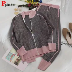 Check Knit 2 Pieces Sets Women Casual Zipper Knitwear Cardigan Tops Conjuntos Korean High Waist Ankle Length Jogger Pants Outfit