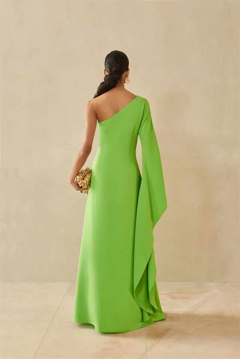 SUMNUS Elegant Green Stretch Satin Mermaid Evening Dresses One Shoulder Flare Sleeve Arabic Women Prom Gowns Formal Dress 2024