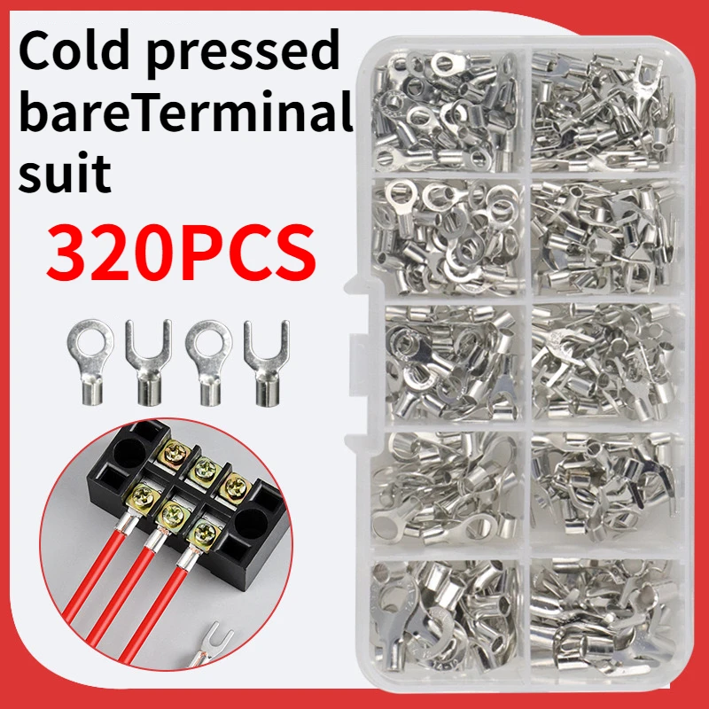 320PCS/Box 10 In 1 Terminals Non-Insulated Ring Fork U-type Brass Terminals Assortment Kit Cable Wire Connector Crimp Spade