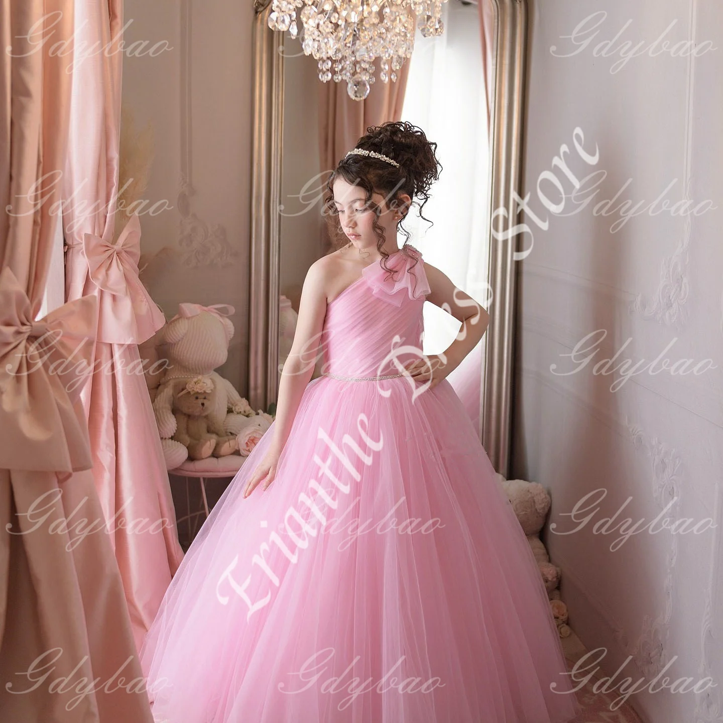 

Flower Girl Dress For Wedding Pink Single Shoulder Tulle Puffy With Bow Kids Birthday Party First Communion Ball Gown Customized