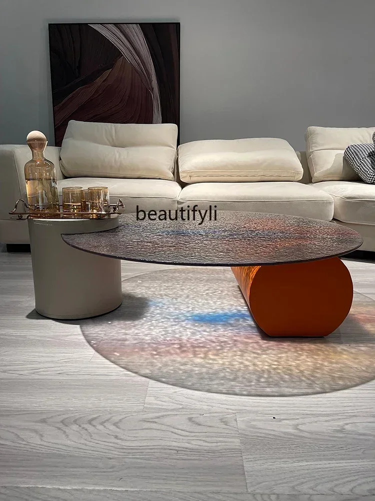 sscn8617 Italian Minimalist round FRP Marble Water Ripple Glass Plastic Tea Table