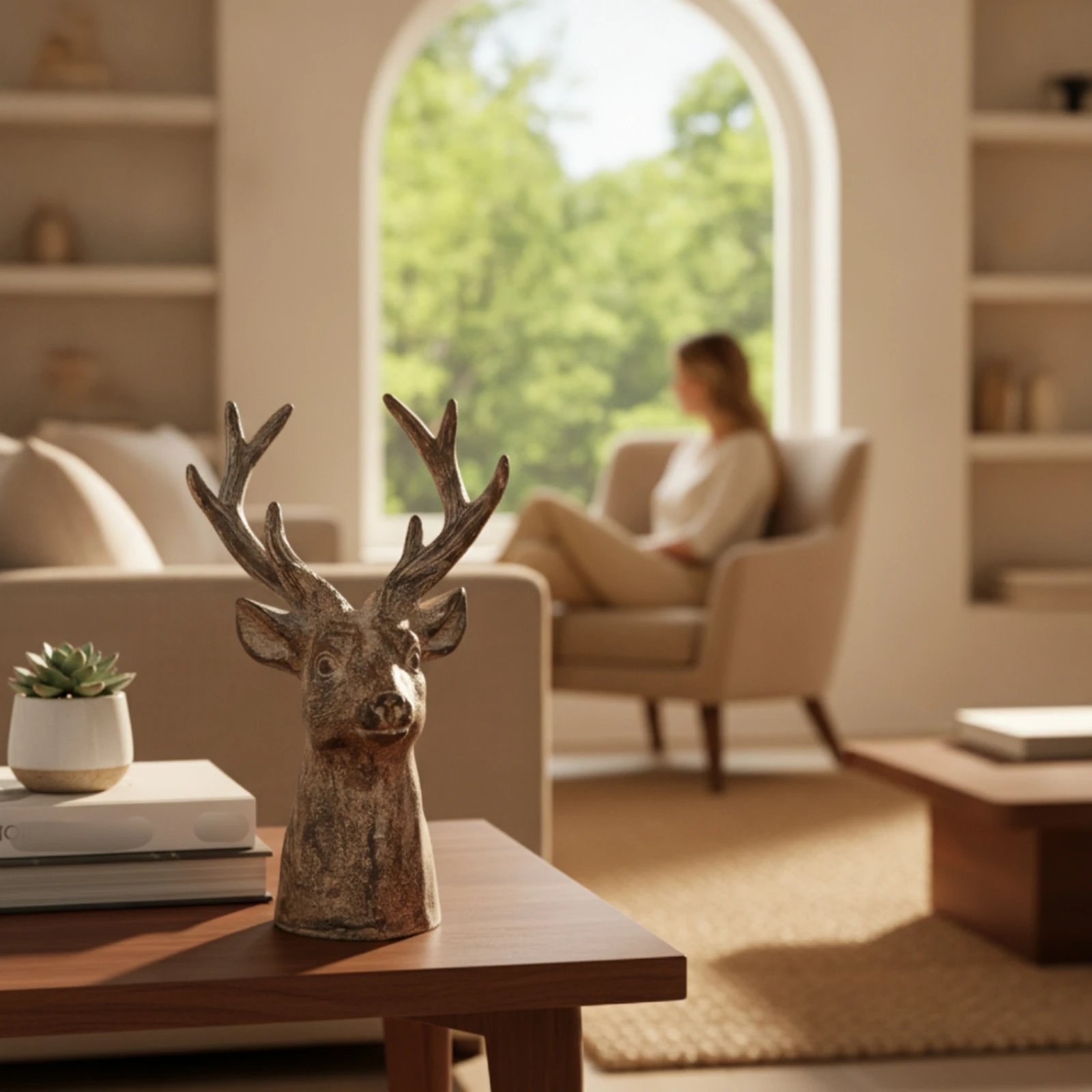 Deer Bust Tabletop Horned Statue Realistic Details Freestanding Home Decor Deer Head Figurine