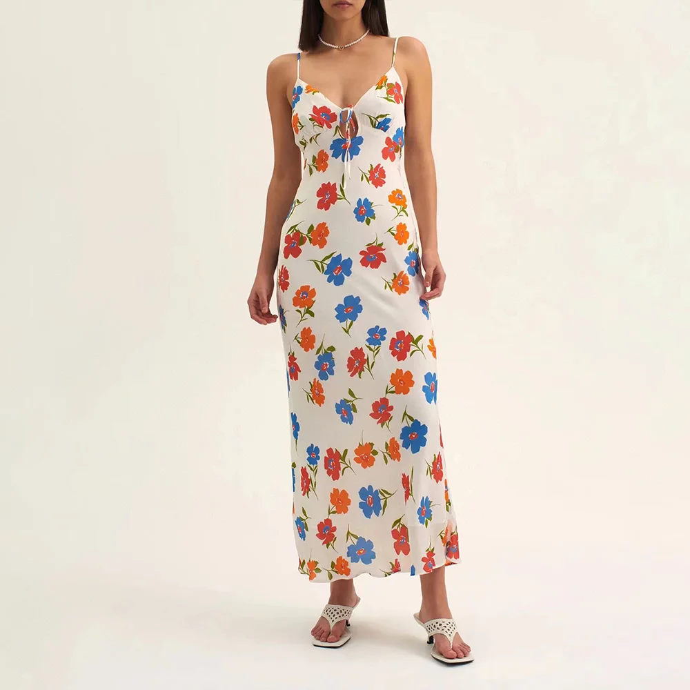 

2024 Spring and summer new Australian niche sexy colourful floral print waisted resort style halter dresses