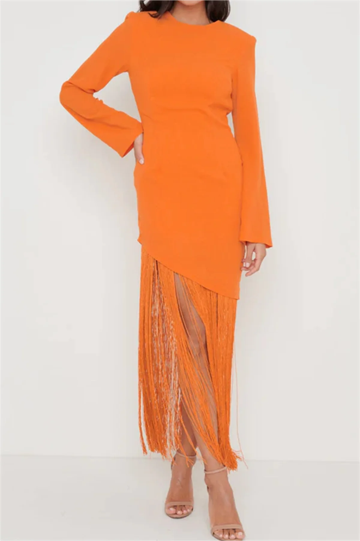 Formal Occasion Dress Round Neck Long Sleeves To Ankle Fringe Buttons Orange Elegant Spring And Autumn New Robe De Soirée