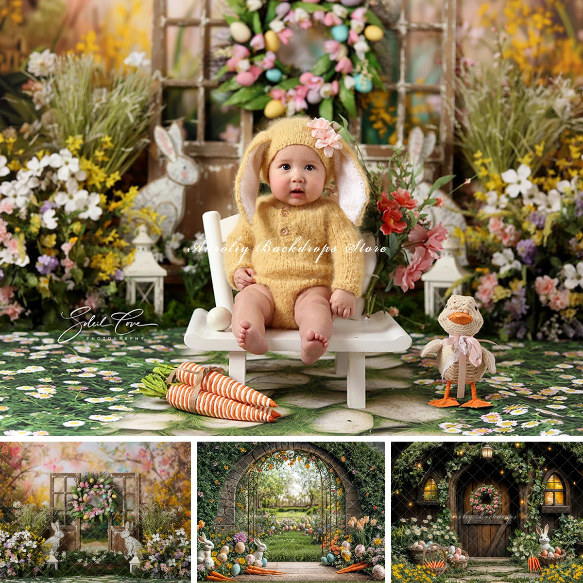 Easter Egg Bunny Backgrounds Adult Family Photography Props Child Baby Decors Farm Carrot Flowers Archway Photo Studio Backdrops