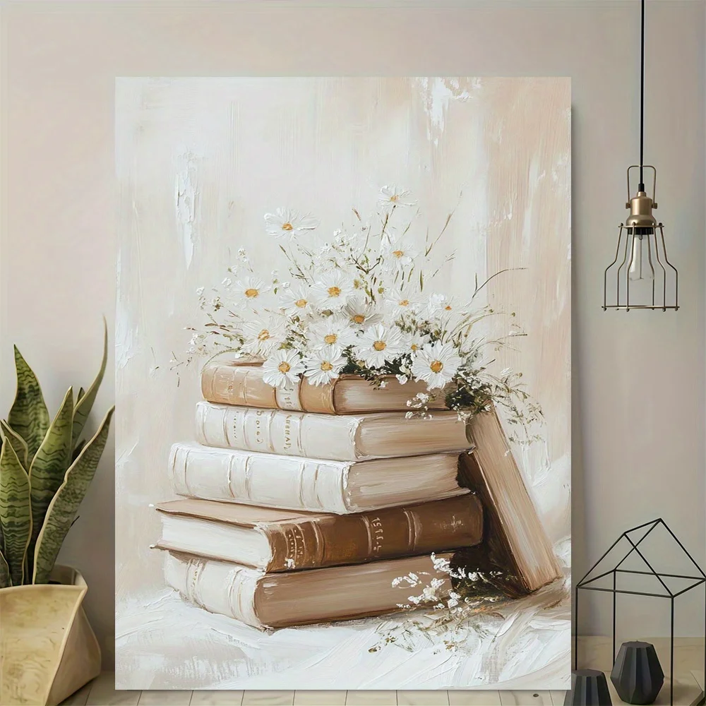 A painting of a stack of books with daisies on Frameless Canvas Wall Art Modern Vintage Design, Printed Poster, Elegant Home Off