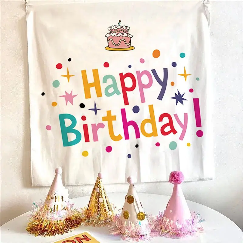 VIKAMA Cartoon Animal Birthday Party Tapestry, Birthday Celebration Wall Hanging for Bedroom Living Room Decor