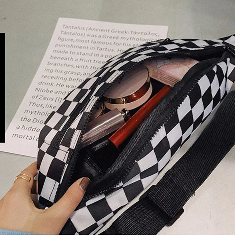 New Checkerboard Black and White Checkered Fashionable Waist Bag with Double Zippers and Canvas Crossbody Bag image 5