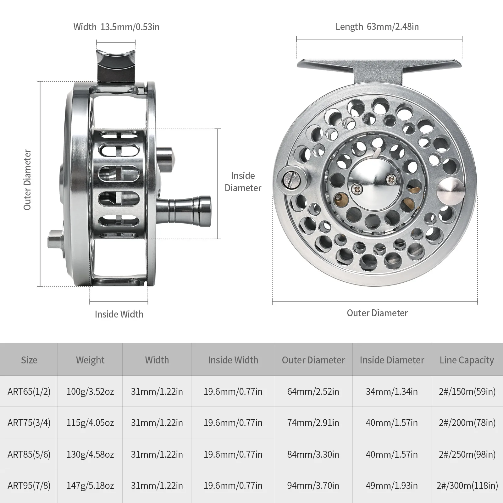ART Aluminum Alloy CNC High Lightweight Fly Fishing Reel 65/75/85/95 Specifications