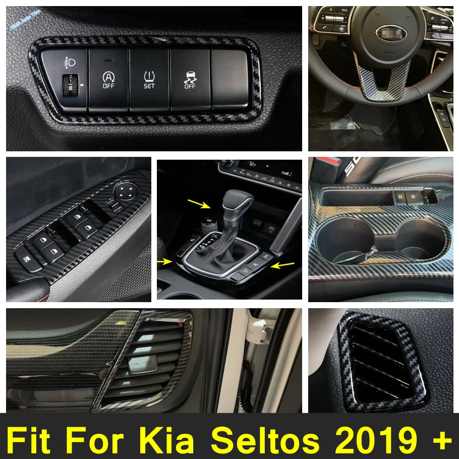 

Carbon Fiber Look Auto Window Glass Lift / Gear Shift Box / Head Lights Lamp Cover Trim For Kia Seltos 2019 - 2022 Accessories