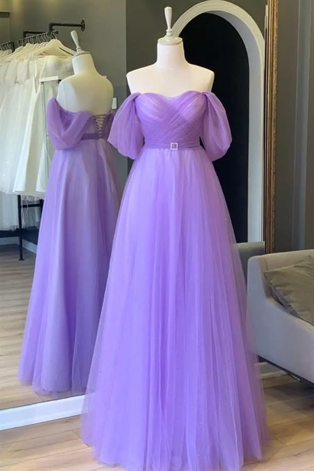 Long Evening Gowns for Women 2026 Graduation Dress Bridesmaid Dress Glitter Tulle Prom Dresses Off The Shoulder Sweetheart Puffy