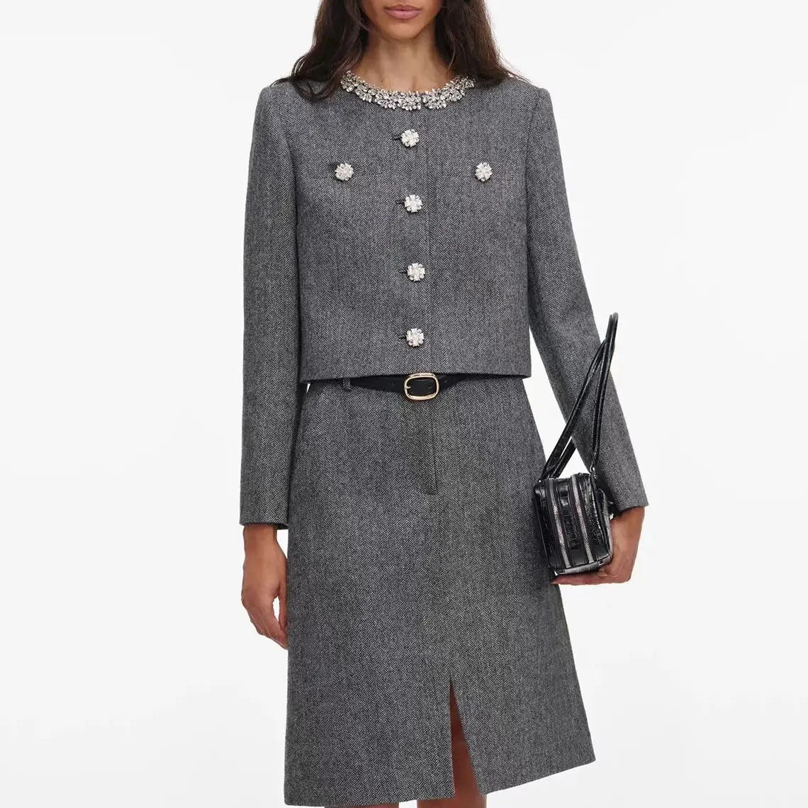 

Women wool blend fashion OL set diamond decoration o-neck long sleeve coat + A-line midi skirt