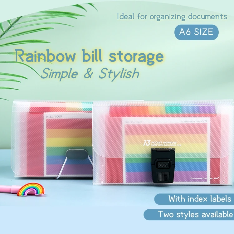 

A6 13 Grids Rainbow Accordion Bag PP Button Rope Closure File Folder Mini Bill Receipt File Bag Pouch Folder Document Organizer