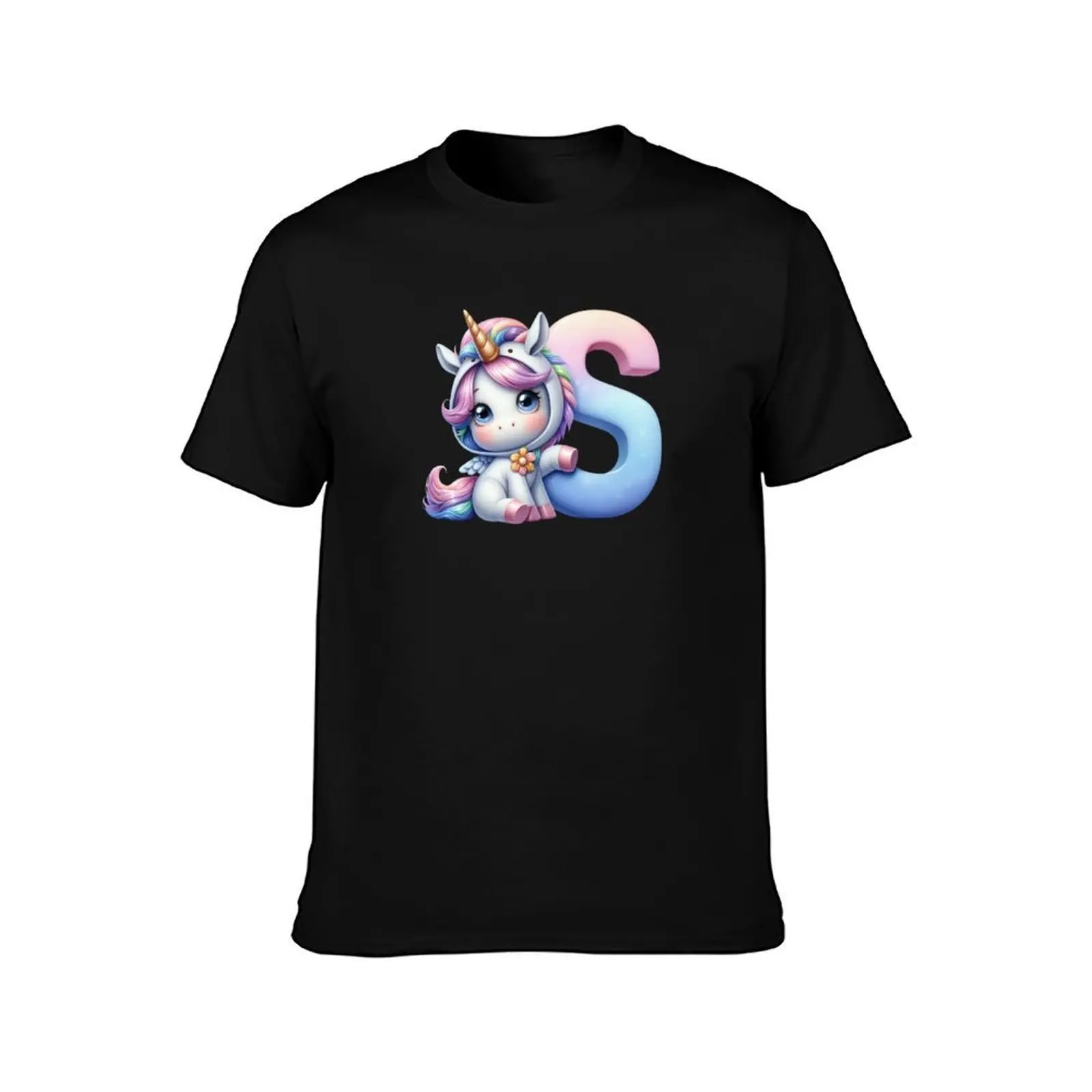 Unicorn kawaii alphabet monogram letter S T-Shirt, Summer Casual Cotton Tee, Oversized Streetwear Tops, Vintage Graphic Print
