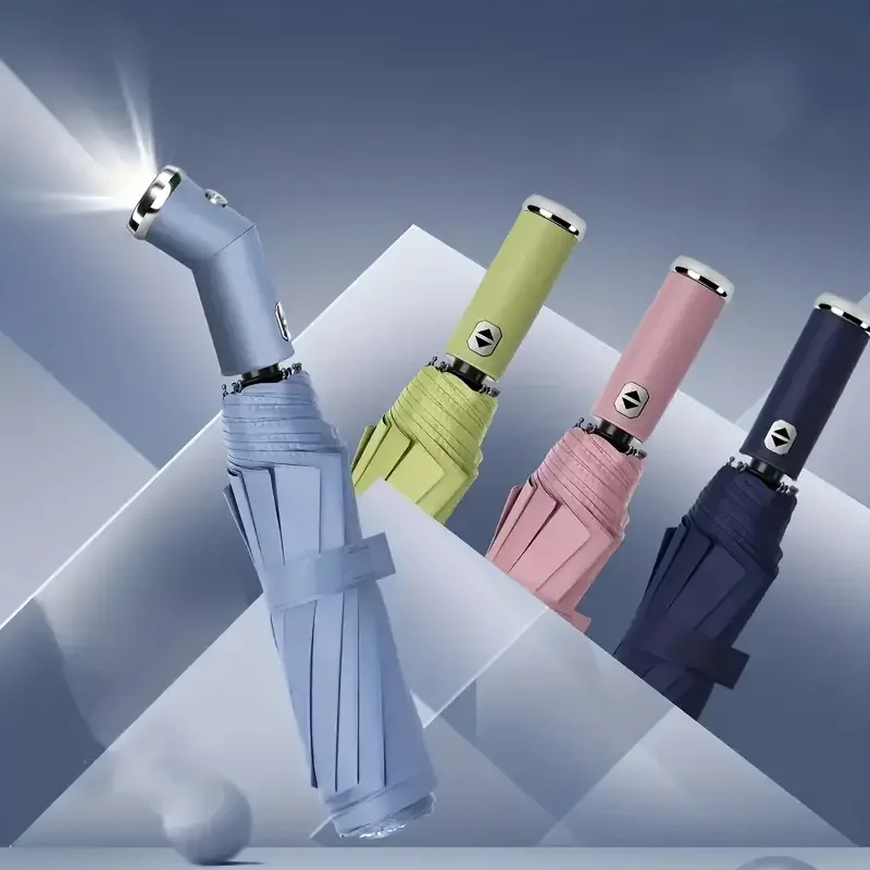 

10 bone fully automatic three fold umbrella, rotatable LED flashlight, business wind resistant folding umbrella, sunny umbrella